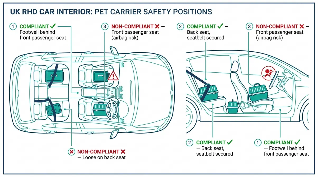 Diagram showing compliant and non-compliant cat carrier positions for travelling with a cat in a car UK