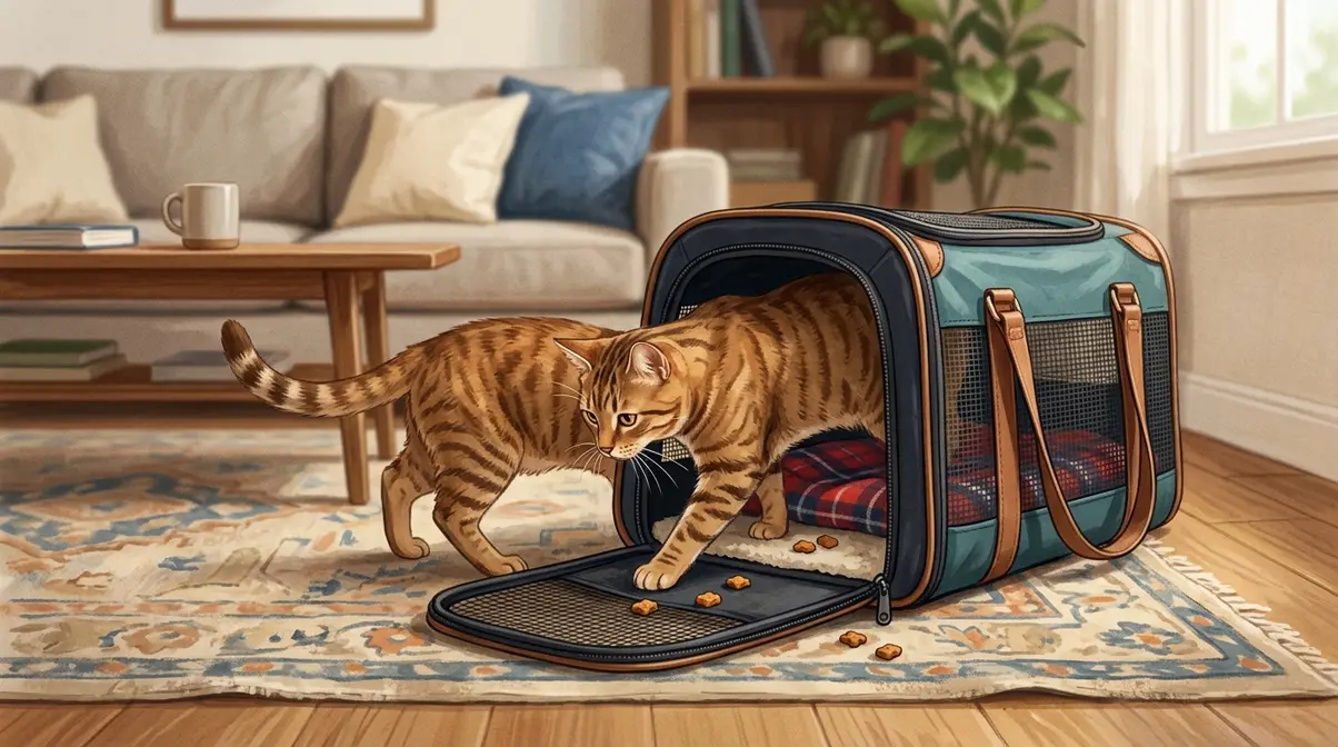 Cat voluntarily entering an open carrier at home during carrier desensitisation training for car travel