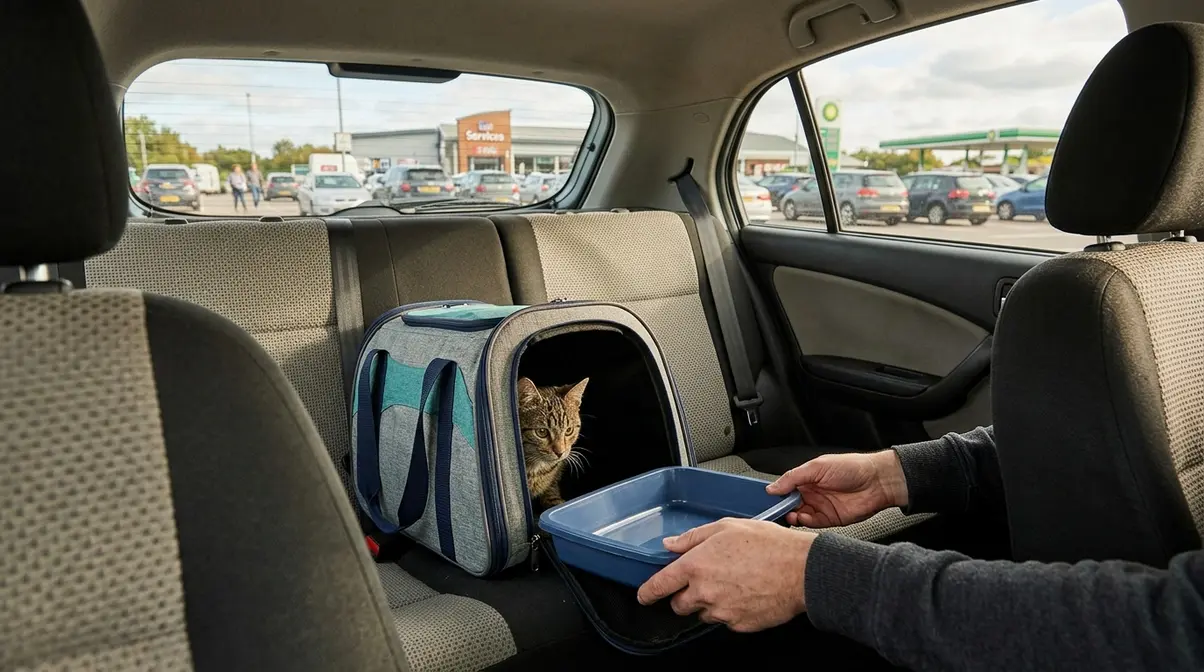 Cat owner offering a portable litter tray inside a parked car at a UK motorway service station stop