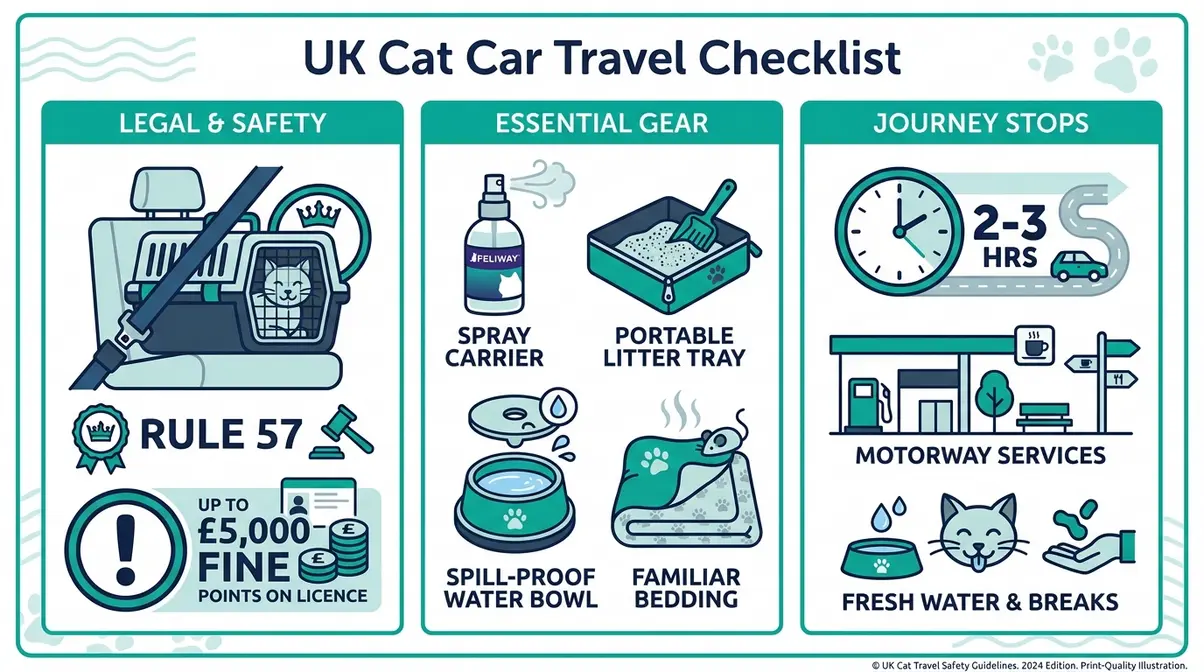 Illustrated checklist for travelling with a cat in a car UK covering legal requirements, gear, and journey stops