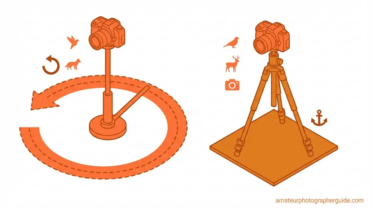 Diagram showing monopod panning arc versus tripod locked position for tracking birds in flight