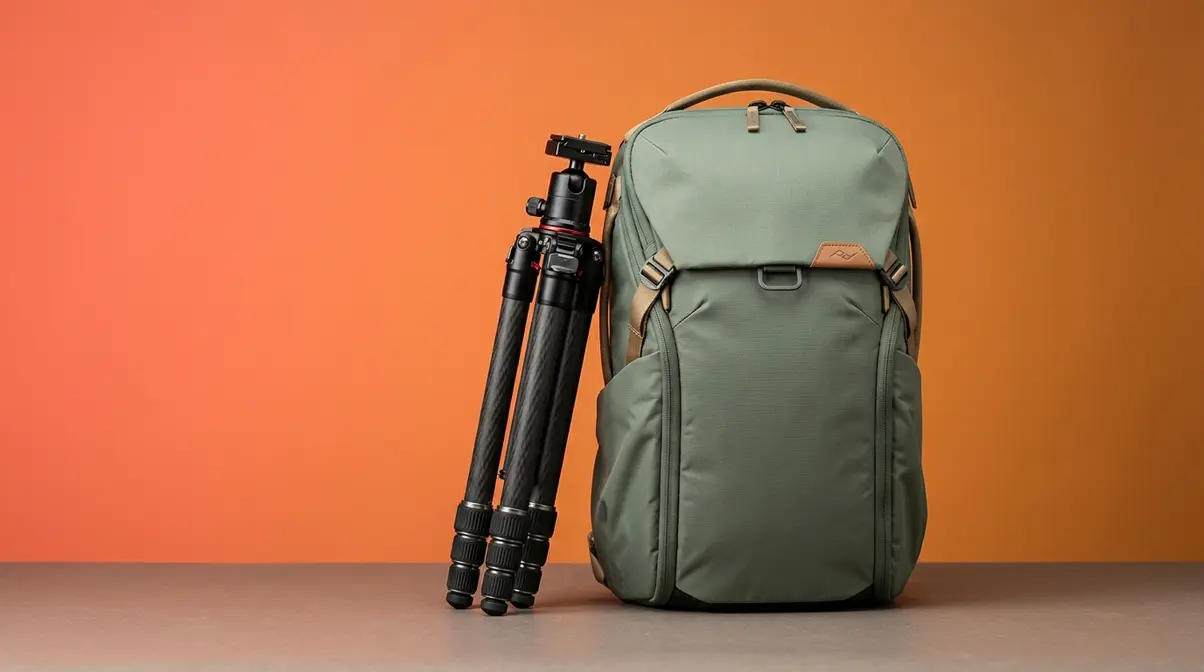 Compact carbon fiber travel tripod folded next to a photography backpack for travel