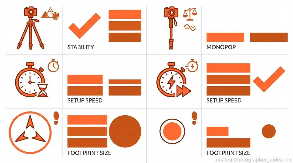 Infographic comparing tripod vs monopod stability, setup speed, footprint, and ideal use cases