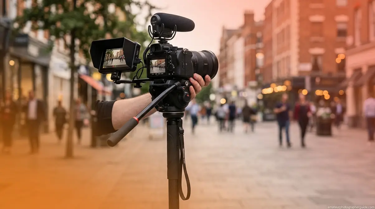 Mirrorless camera mounted on a fluid head monopod for run-and-gun video vlogging