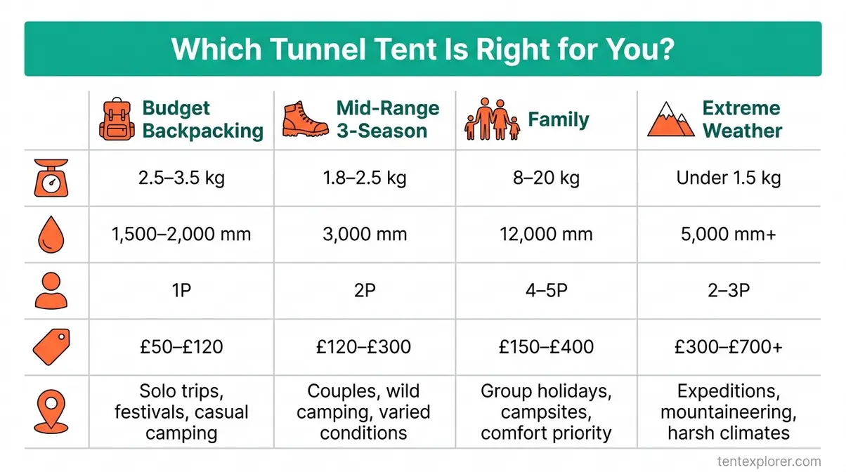 Tunnel tent buying guide comparison matrix showing weight, HH rating, capacity, and price for each category