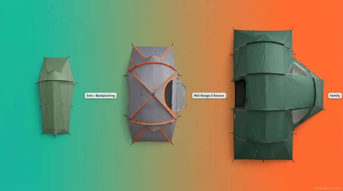 Three tunnel tent size categories arranged for comparison from solo backpacking to large family models