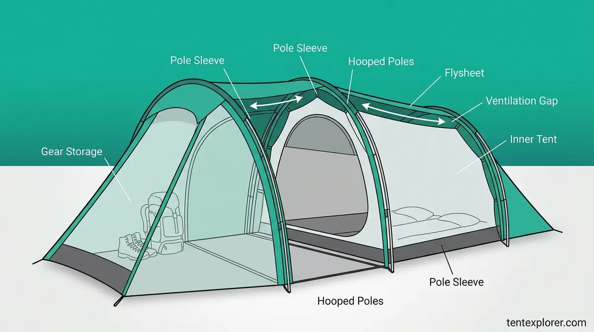 Tunnel tent cross-section showing parallel pole arches, vestibule, sleeping compartment, and flysheet gap