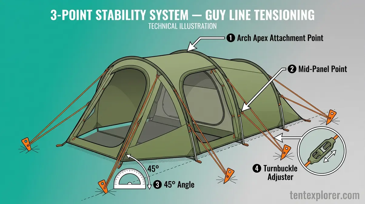 Tunnel tent guy line tensioning diagram showing correct 45-degree angles and arch apex attachment points
