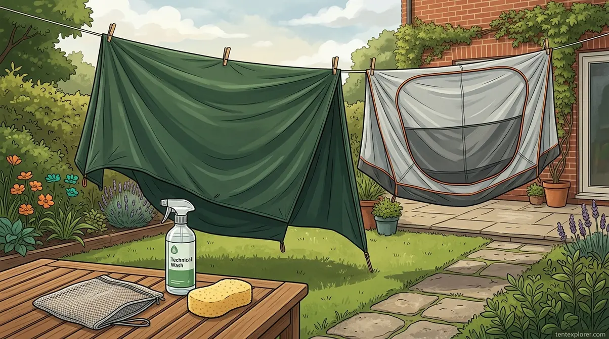 Tunnel tent flysheet and inner airing on a washing line for post-trip drying and maintenance
