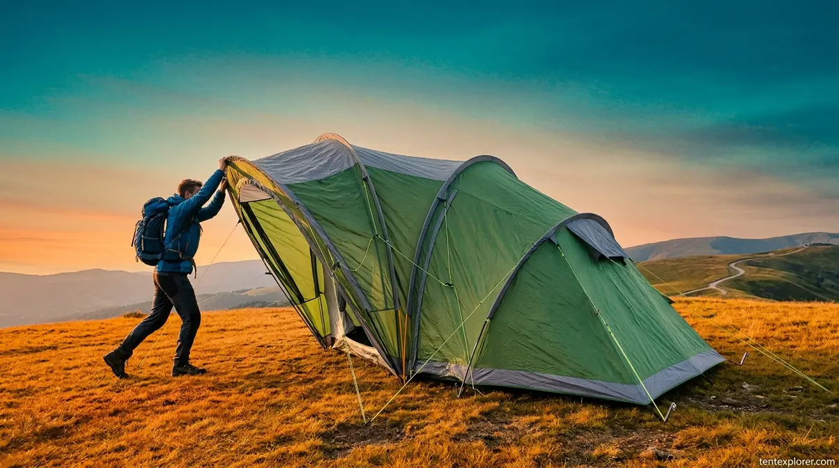 Camper pitching a tunnel tent using the concertina method on a grassy hillside