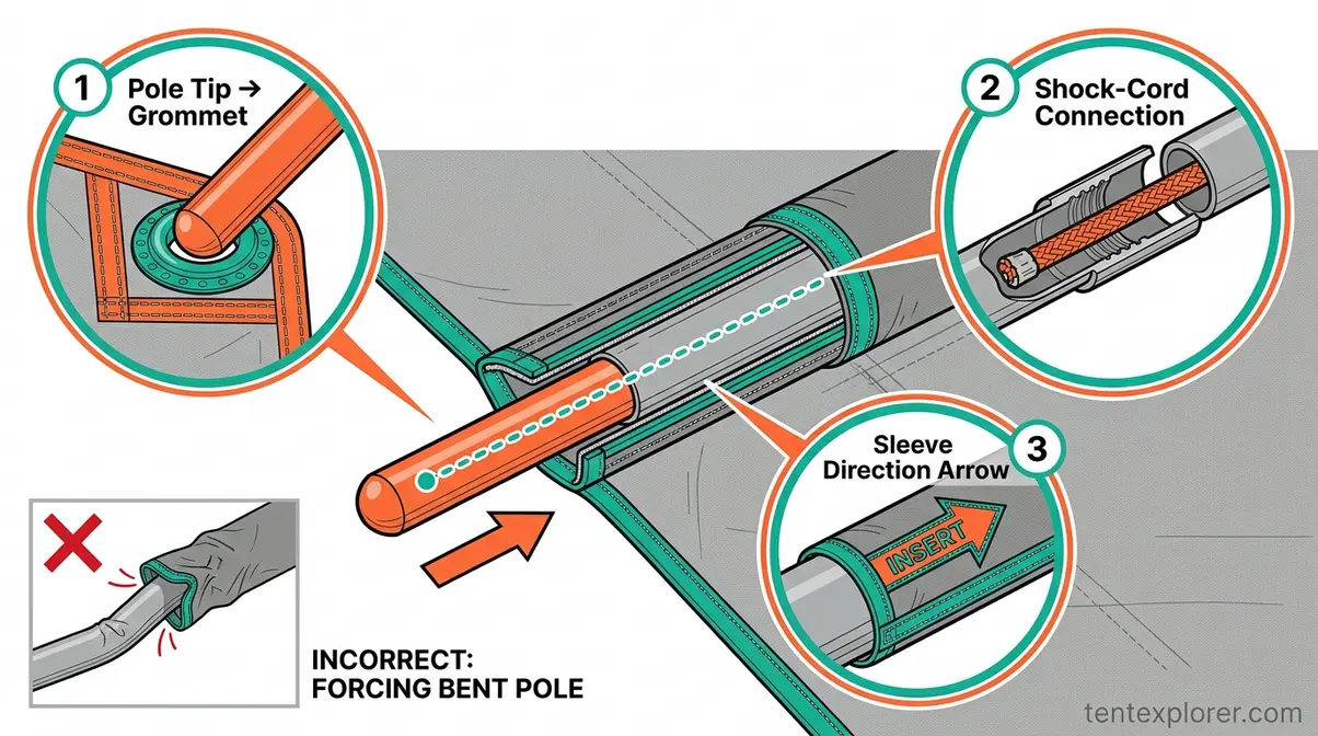 Tunnel tent pole threading technique showing correct sleeve insertion and grommet seating method