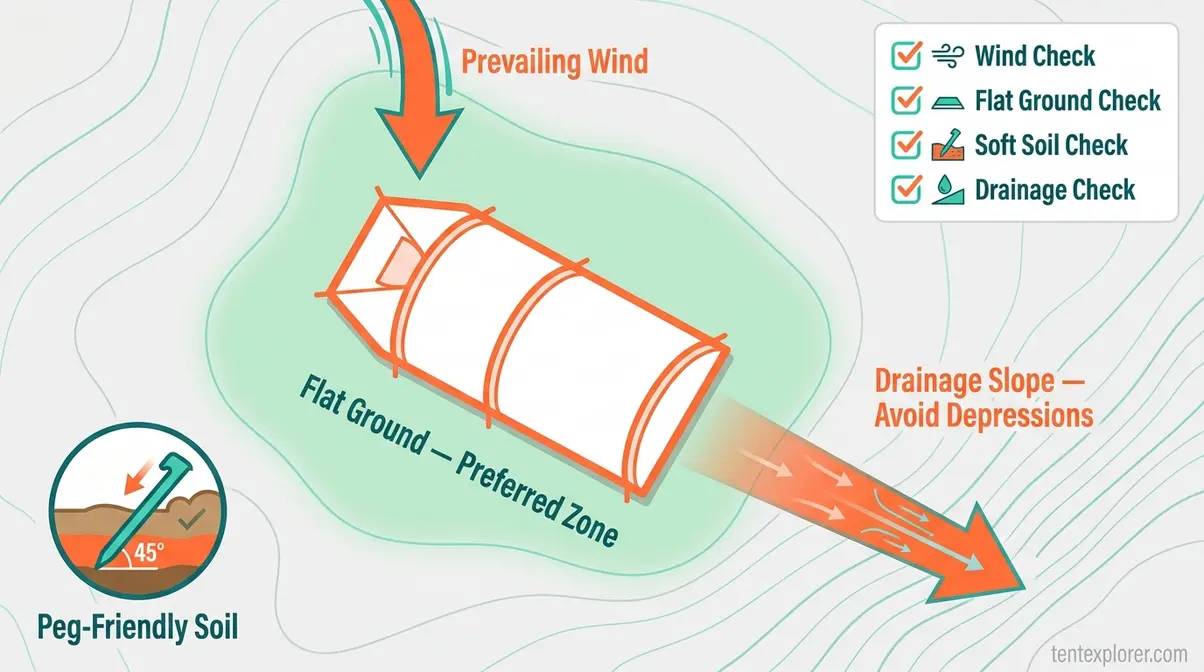 Tunnel tent site selection guide showing wind direction orientation and ideal ground conditions