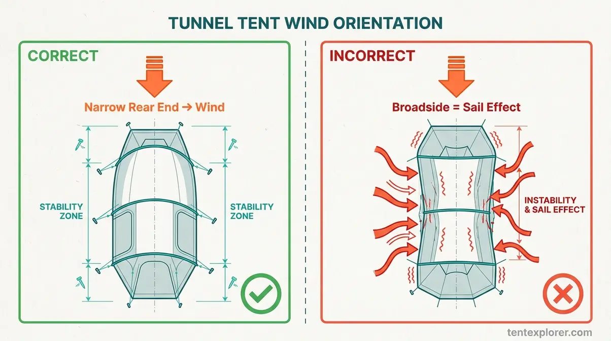 Tunnel tent wind orientation diagram showing correct narrow-end-into-wind versus incorrect broadside alignment