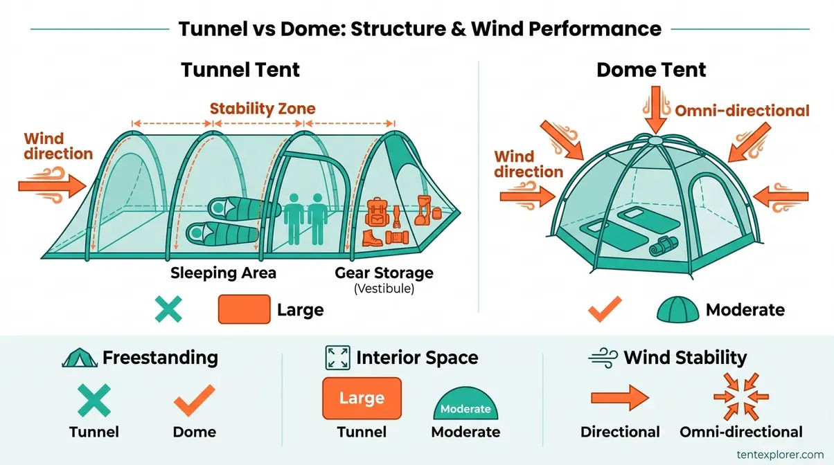 Tunnel tent vs dome tent structure diagram showing wind resistance and interior space differences