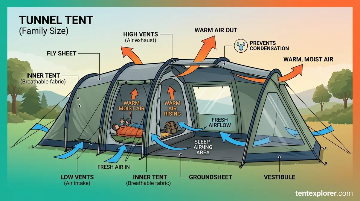 Airflow diagram showing how to prevent condensation in a family tunnel tent