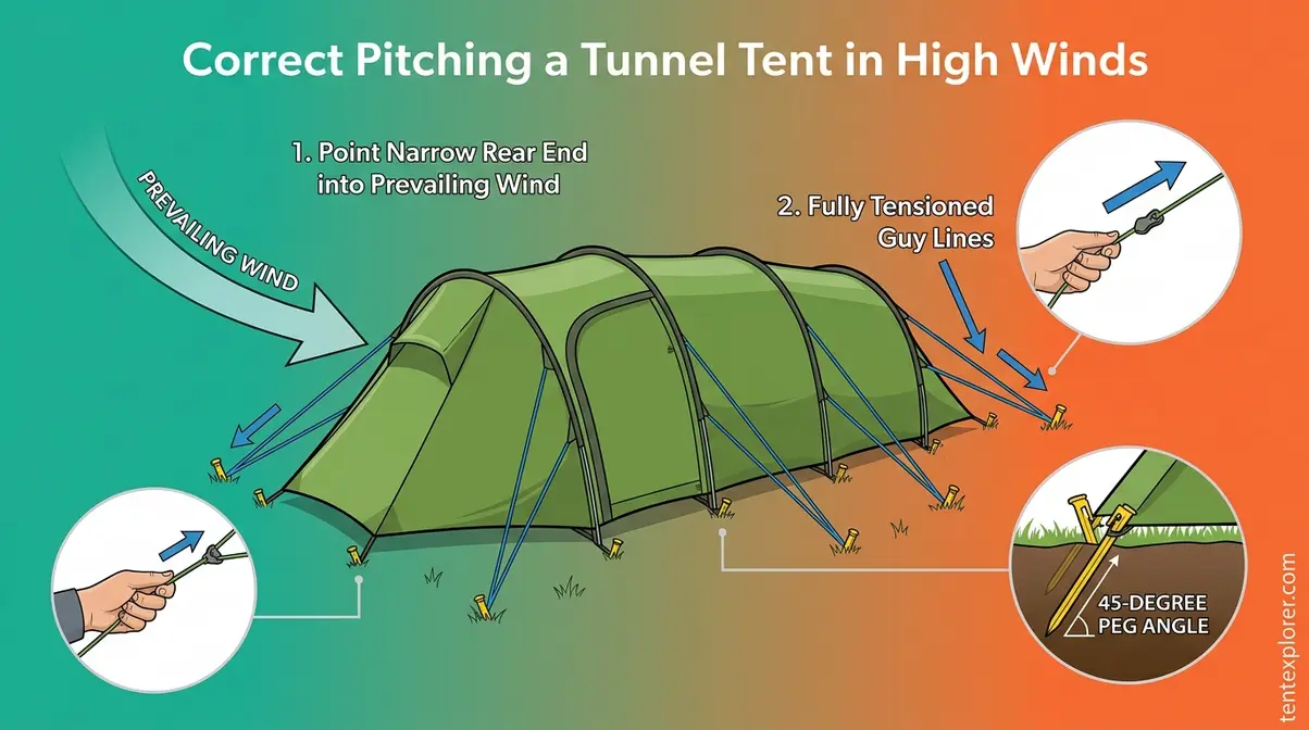 Correct pitching orientation and guy line tensioning for tunnel tents in wind