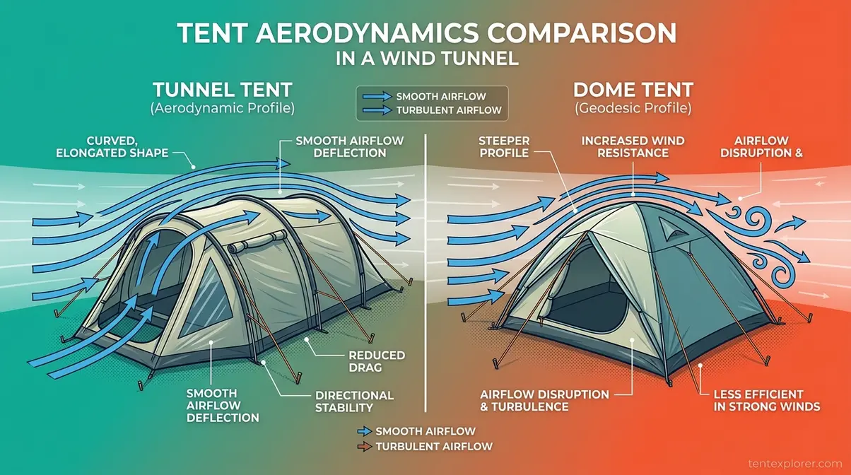 Aerodynamic wind deflection comparison between tunnel tents and dome tents