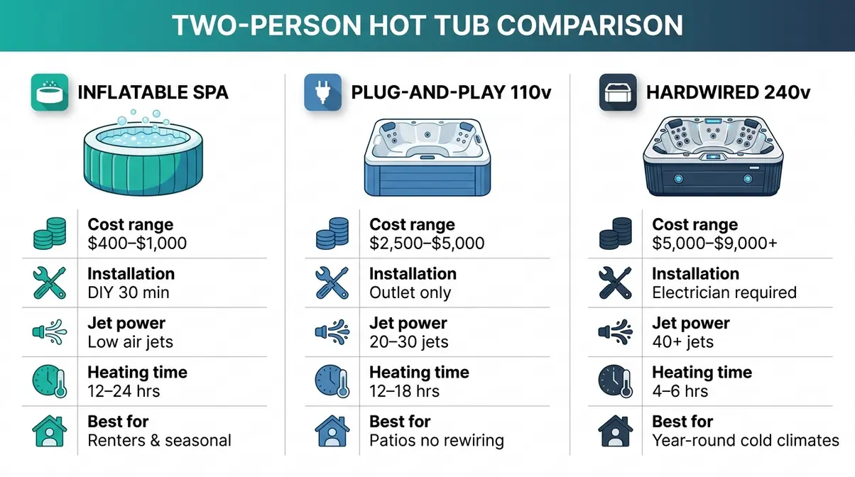 Infographic comparing inflatable, plug-and-play, and hardwired two person hot tubs by cost, installation, jet power, and heating time