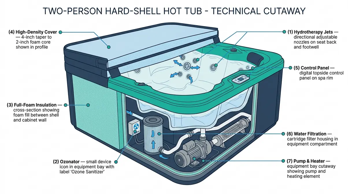 Anatomy diagram of a two person hot tub labeling jets, ozonator, insulation, cover, and control panel components