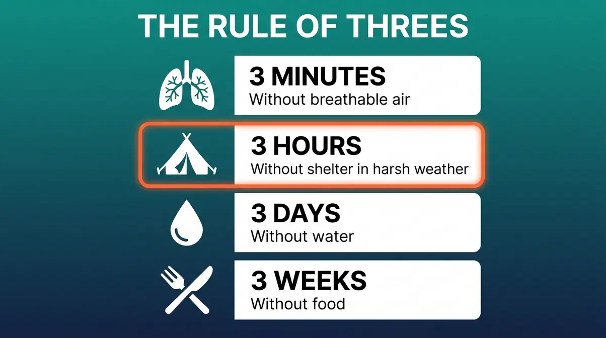 Infographic showing the Rule of Threes survival priorities: 3 minutes air, 3 hours shelter, 3 days water, 3 weeks food