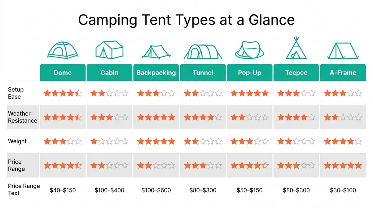 Comparison infographic rating all 7 camping tent types on setup ease, weather resistance, weight, and price