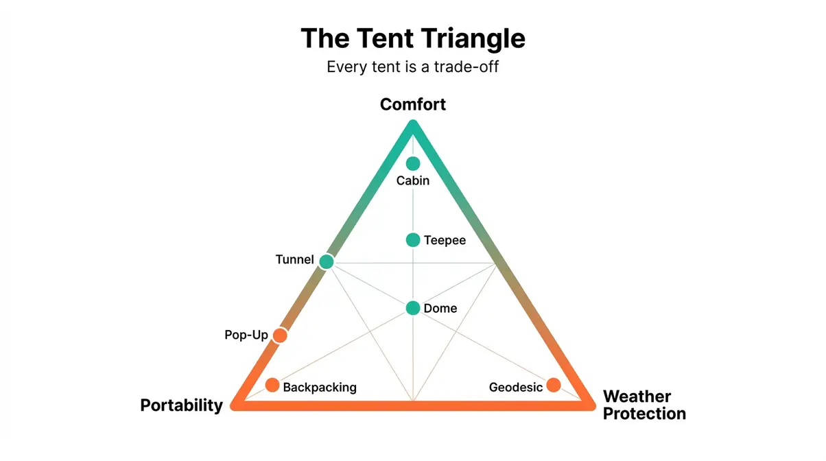 Tent Triangle diagram plotting dome, cabin, backpacking, tunnel, teepee, geodesic, and pop-up tents across comfort, portability, and weather protection axes