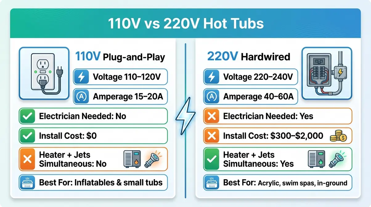 Types of Hot Tubs Explained: 6 Options Compared 10 Infographic comparing 110V plug-and-play and 220V hardwired hot tub electrical specs side by side