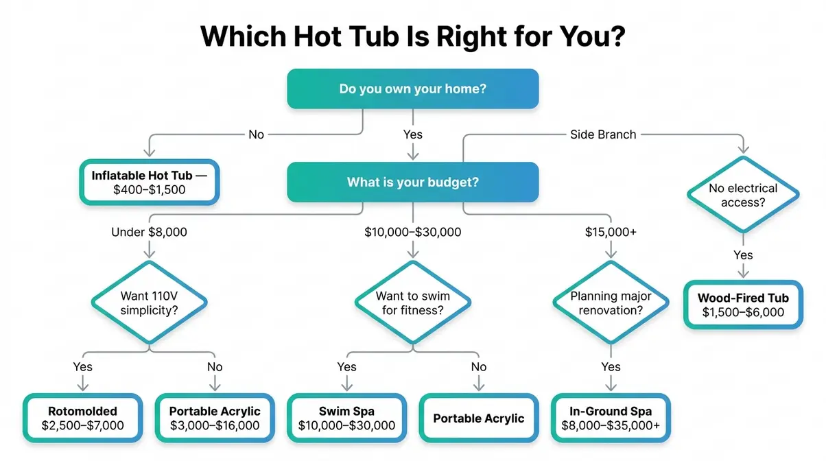 Types of Hot Tubs Explained: 6 Options Compared 11 Decision tree flowchart helping buyers choose between types of hot tubs explained by ownership and budget