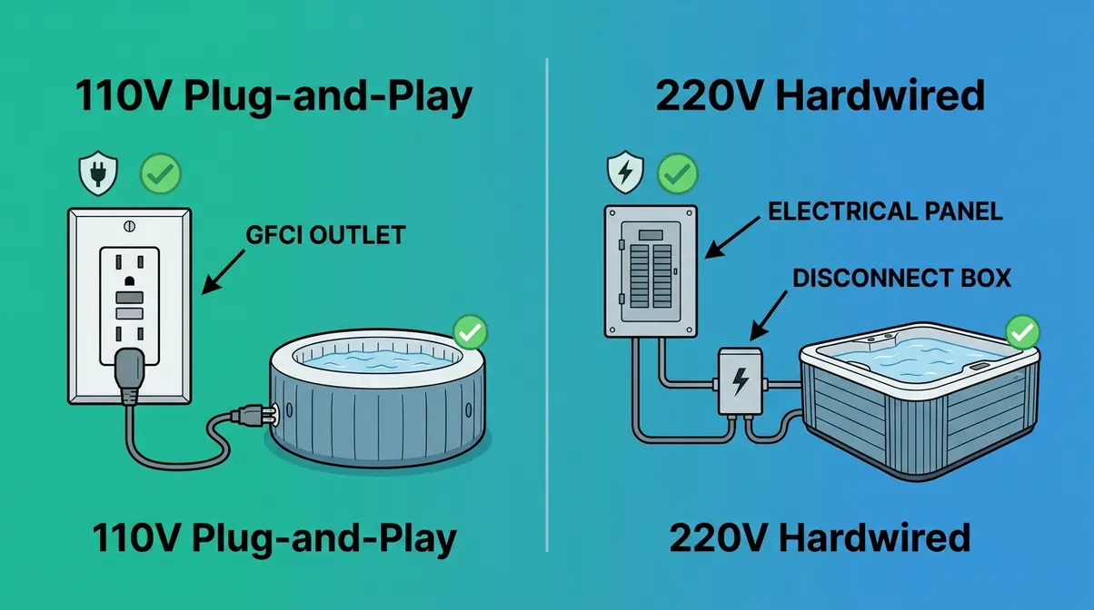 Types of Hot Tubs Explained: 6 Options Compared 7 Technical diagram showing 110V GFCI outlet and 220V hardwired electrical setup for hot tubs