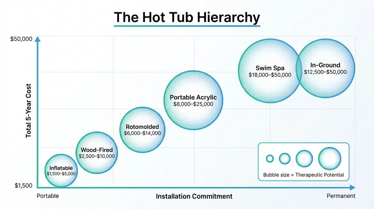 Types of Hot Tubs Explained: 6 Options Compared 2 Bubble chart infographic showing types of hot tubs explained by cost, installation commitment, and therapeutic potential