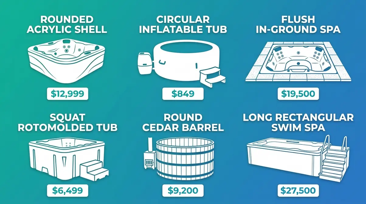 Types of Hot Tubs Explained: 6 Options Compared 1 Side-by-side comparison of all six hot tub types from inflatable to in-ground luxury models