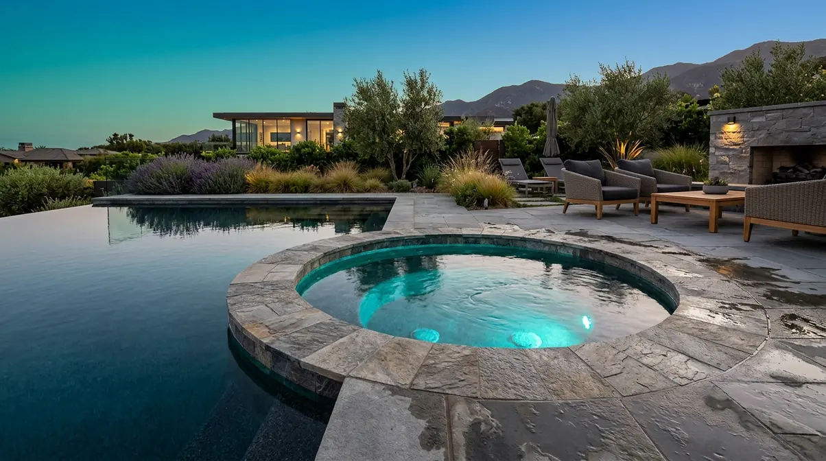 Types of Hot Tubs Explained: 6 Options Compared 5 Luxury in-ground hot tub with stone tile surround integrated into backyard pool area