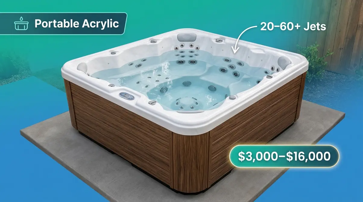 Types of Hot Tubs Explained: 6 Options Compared 3 Portable acrylic hot tub with multiple hydrotherapy jets on concrete pad installation