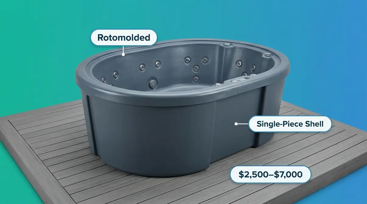Types of Hot Tubs Explained: 6 Options Compared 6 Rotomolded single-piece polyethylene hot tub shell on outdoor patio deck