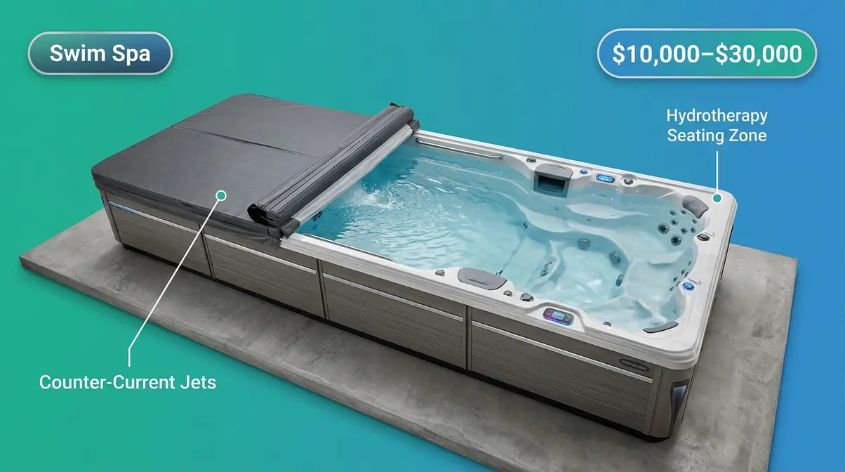 Types of Hot Tubs Explained: 6 Options Compared 9 Swim spa with counter-current swimming zone and separate hot tub soaking section