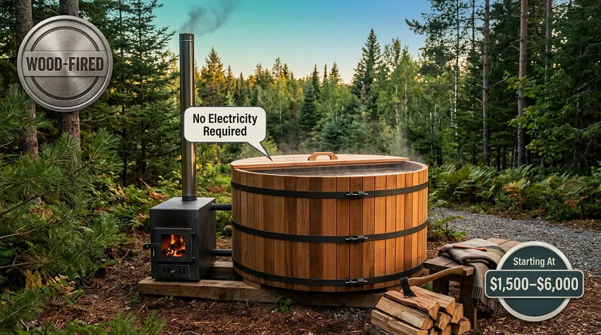 Types of Hot Tubs Explained: 6 Options Compared 8 Cedar barrel wood-fired hot tub with external firebox in rustic forest setting
