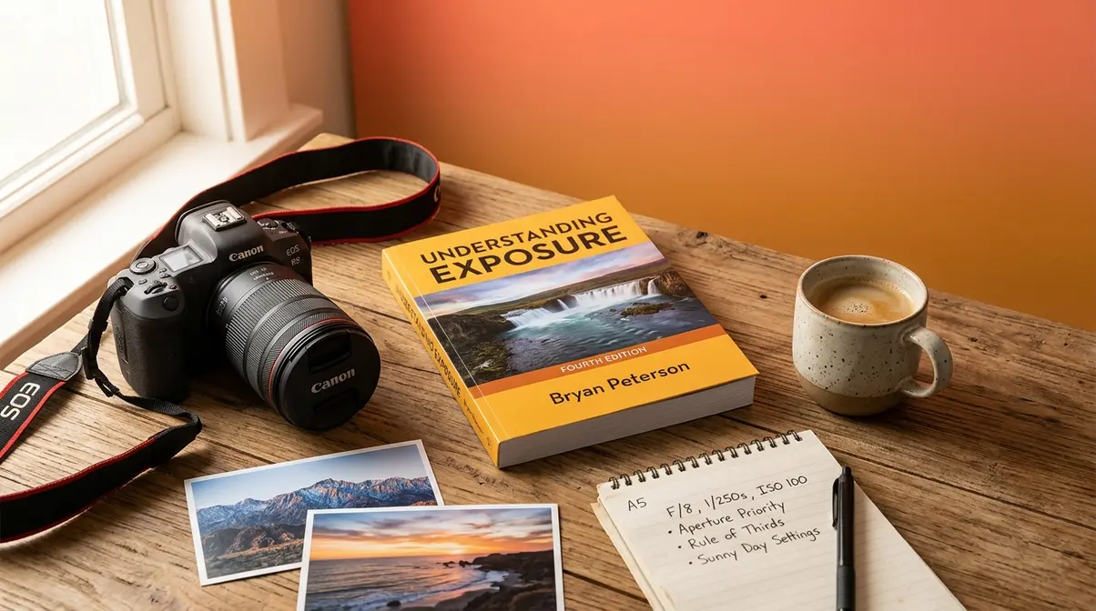 Bryan Peterson Understanding Exposure book beside DSLR camera on photographer's desk