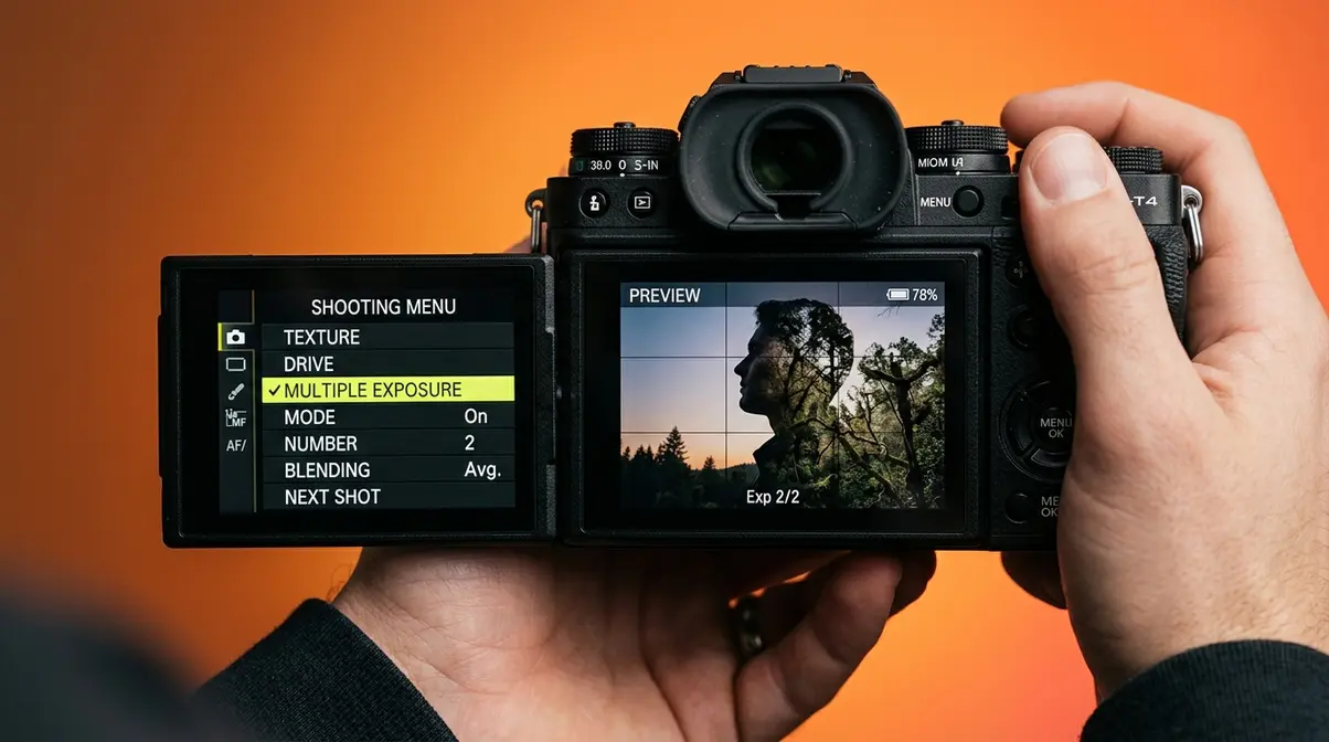 Double exposure photography technique showing in-camera multiple exposure menu setting on mirrorless camera