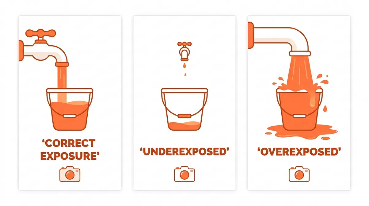 Bucket analogy for exposure photography showing aperture shutter speed and ISO as faucet and bucket