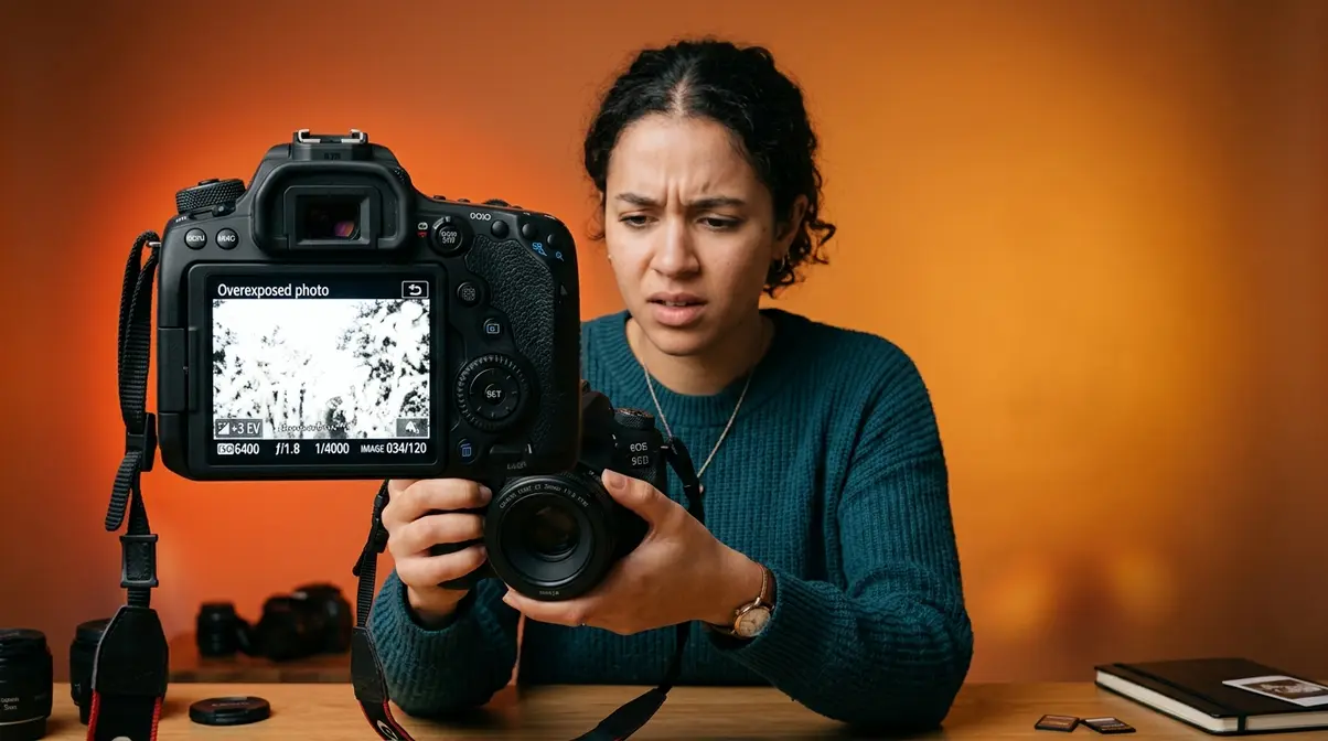 Beginner photographer viewing common exposure mistakes on camera screen showing overexposed blown photo