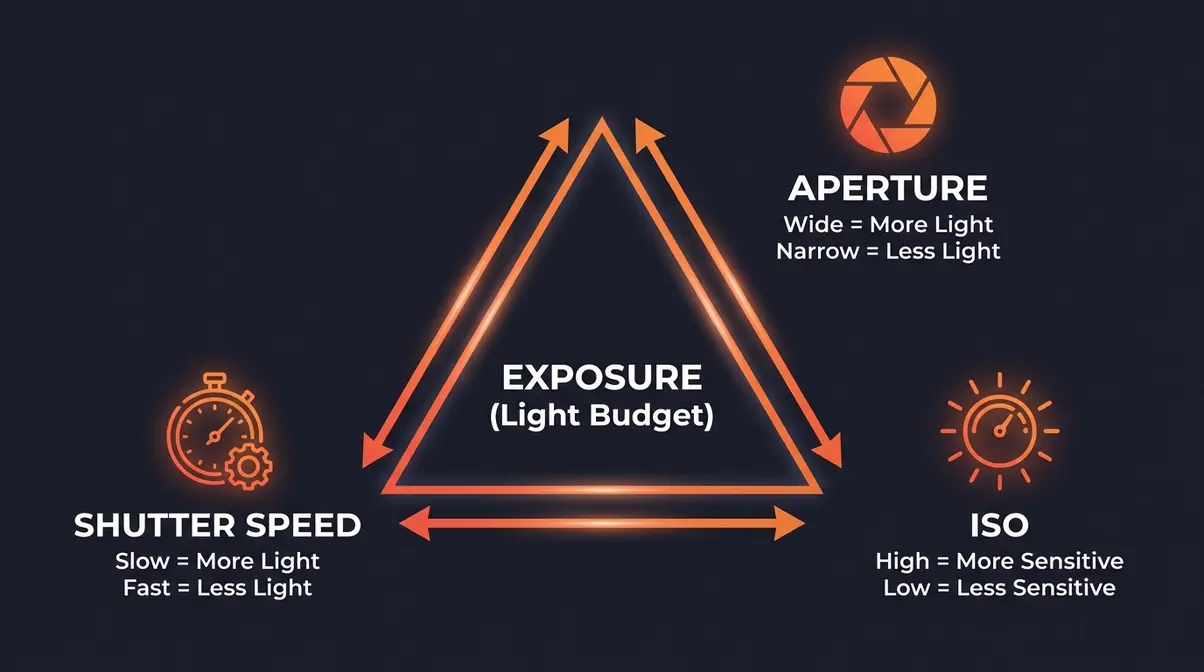 Exposure triangle diagram showing aperture shutter speed and ISO relationship for beginner photographers
