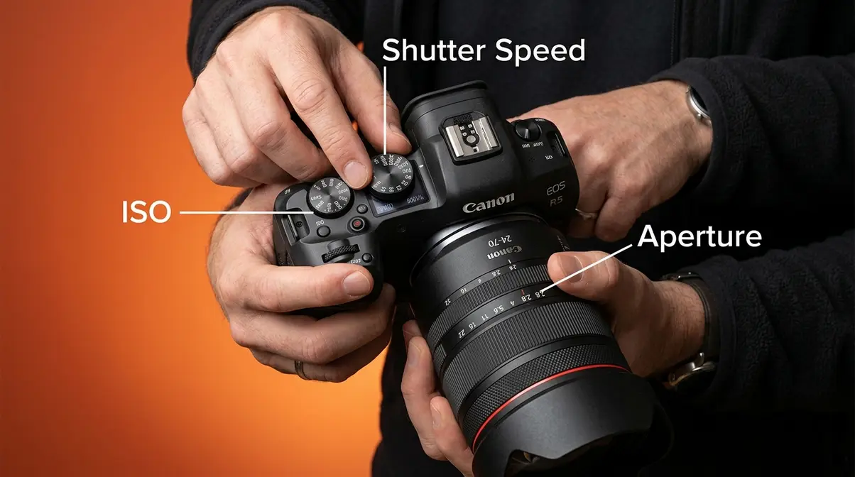 Exposure triangle three controls showing aperture shutter speed and ISO dials on camera body