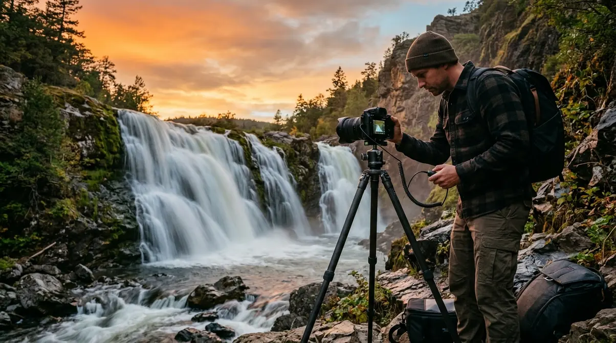 Long exposure photography setup with tripod camera and remote shutter release at waterfall location