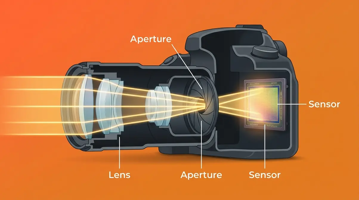 What is exposure in photography showing light path from lens through aperture to camera sensor