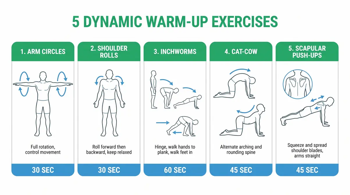 Upper body home workout no equipment warm-up sequence — 5 dynamic exercises illustrated