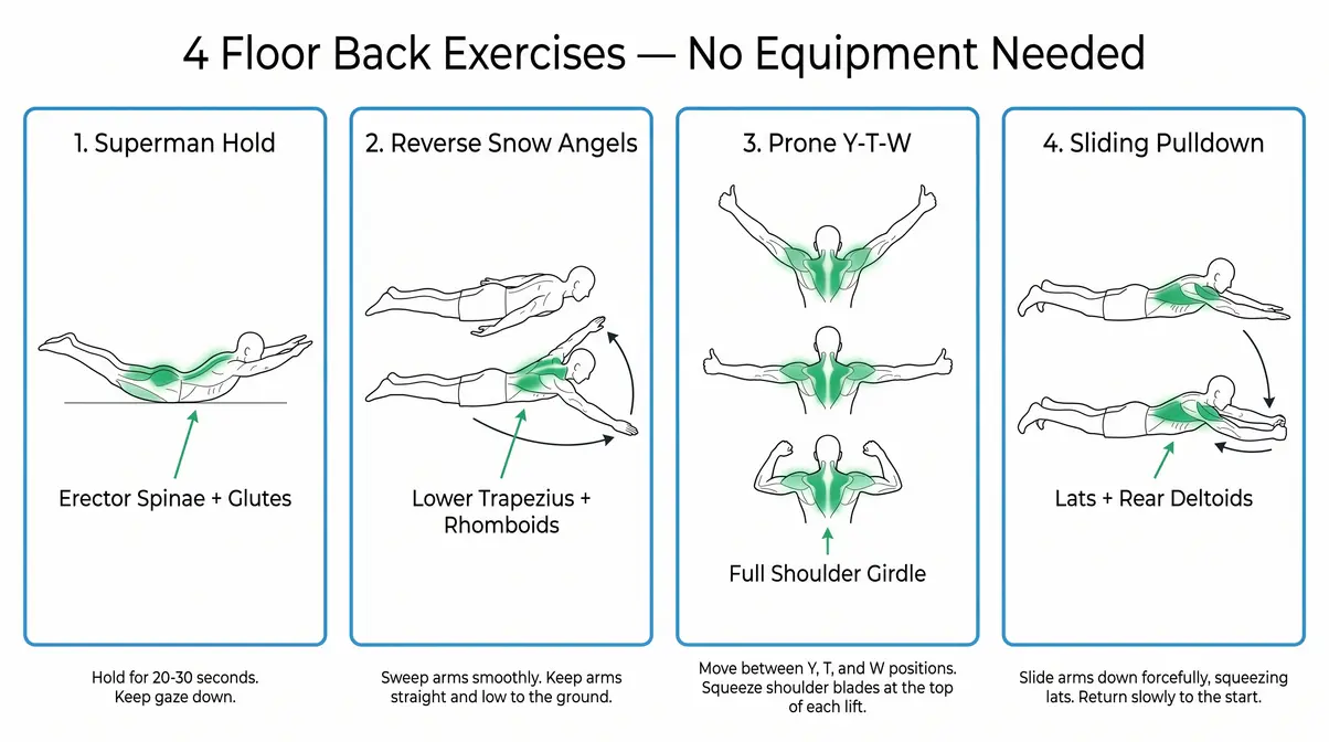 Floor back exercises no equipment bodyweight — Superman, Snow Angels, Y-T-W, Sliding Pulldown sequence