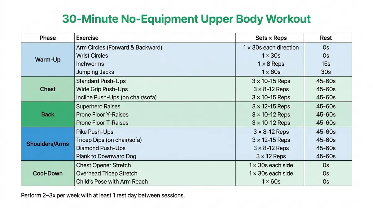 30 minute upper body home workout no equipment printable plan with sets reps and rest times