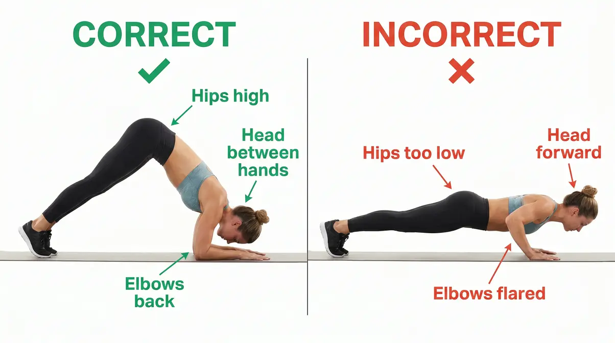 Pike push-up shoulder exercise bodyweight — correct hips-high position versus incorrect flat position