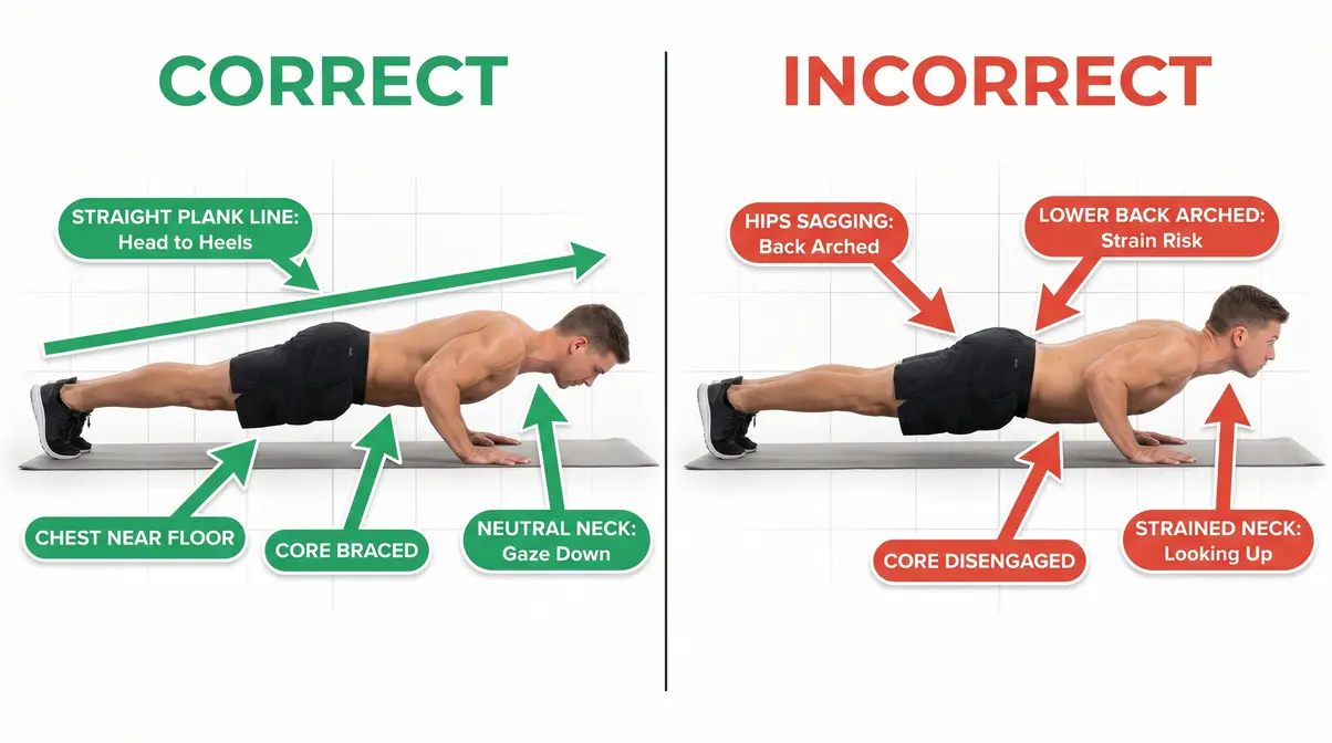 Correct push-up form for beginners versus incorrect sagging hips comparison