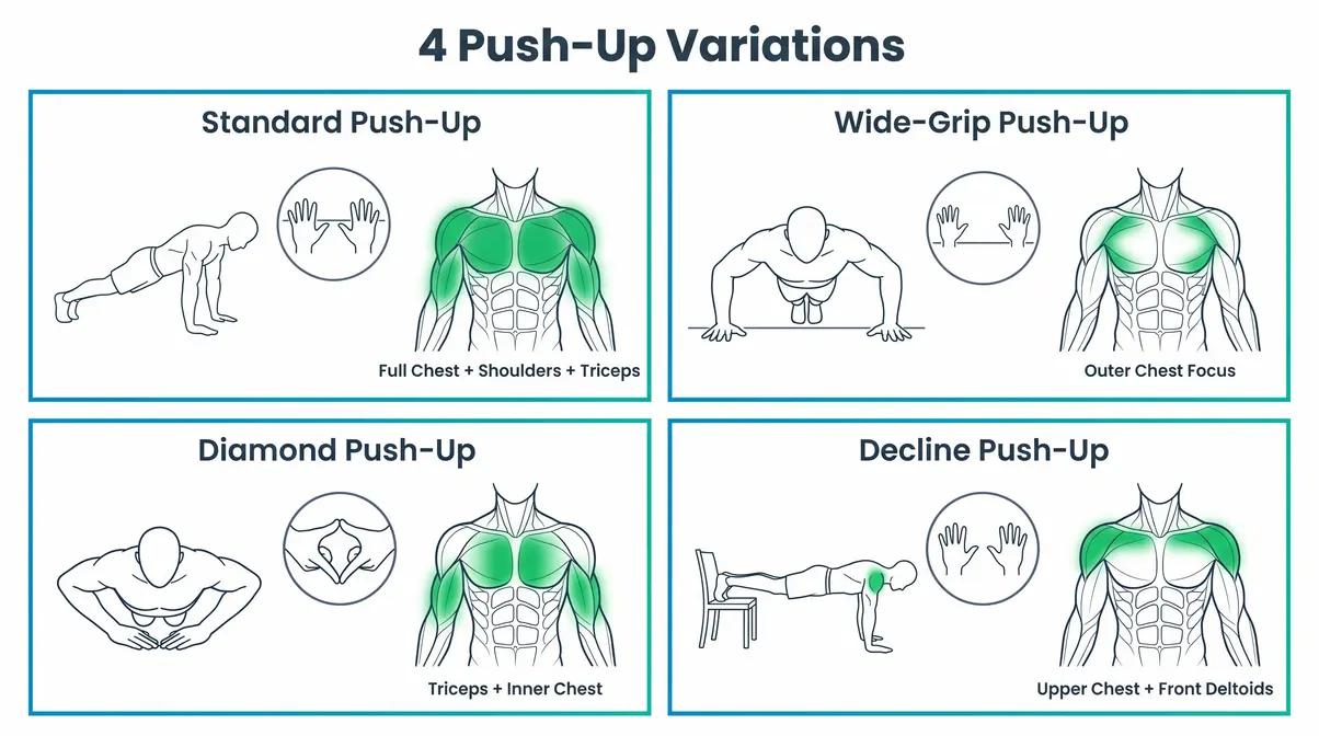 Push-up variations chest workout no equipment — 4 hand positions and muscle targets chart